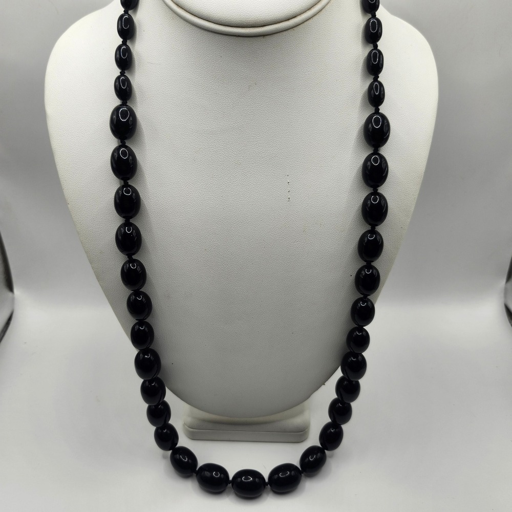 Trifari Vintage Black Oval Bead Knotted Necklace Gold Tone Spring Ring Clasp